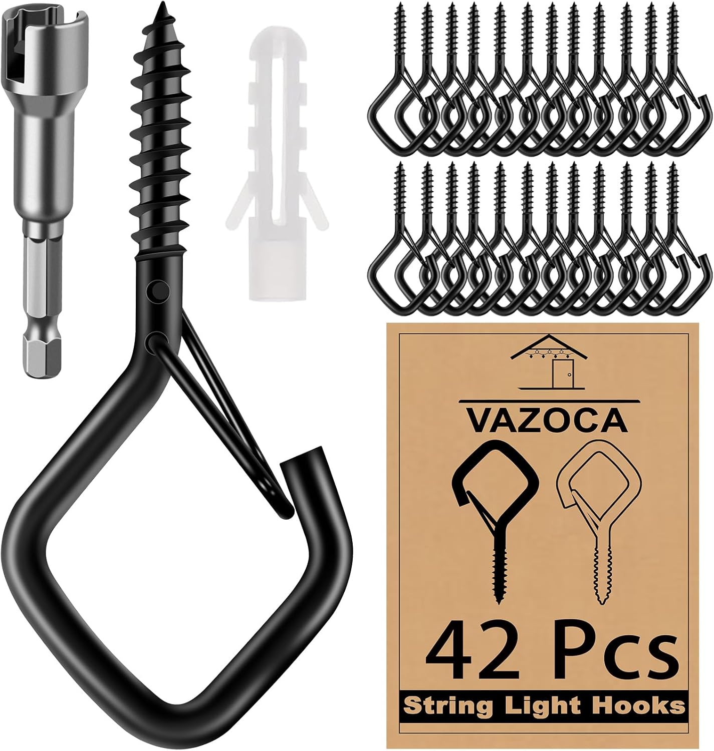 100 Pcs Screw Hooks for Outdoor String Lights, Q-Hanger Hook with Safety Buckle, Patio Wall Ceilling Square Eye Cup Hook for Hanging Plant Pots Christmas Decor Wire Fairy Led, Wind Nut Driver, Black