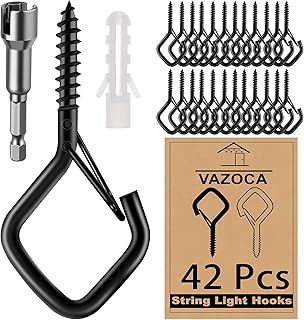 42 Pcs Screw Hooks for Outdoor String Lights, Q-Hanger Hook with Safety Buckle, Patio Wall Ceilling Square Eye Cup Hook for Hanging Plant Pots Christmas Decor Wire Fairy Led, Wind Nut Driver, Black