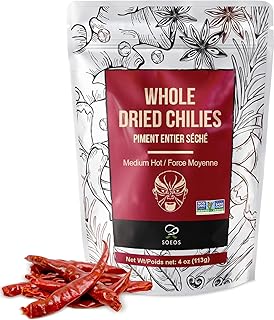 Soeos Hot Dried Chili, Szechuan Dried Chili,Dry Szechuan Pepper, Dry Chile Peppers, Sichuan Pepper, Dried Red Chilies, 4oz (Medium Hot).