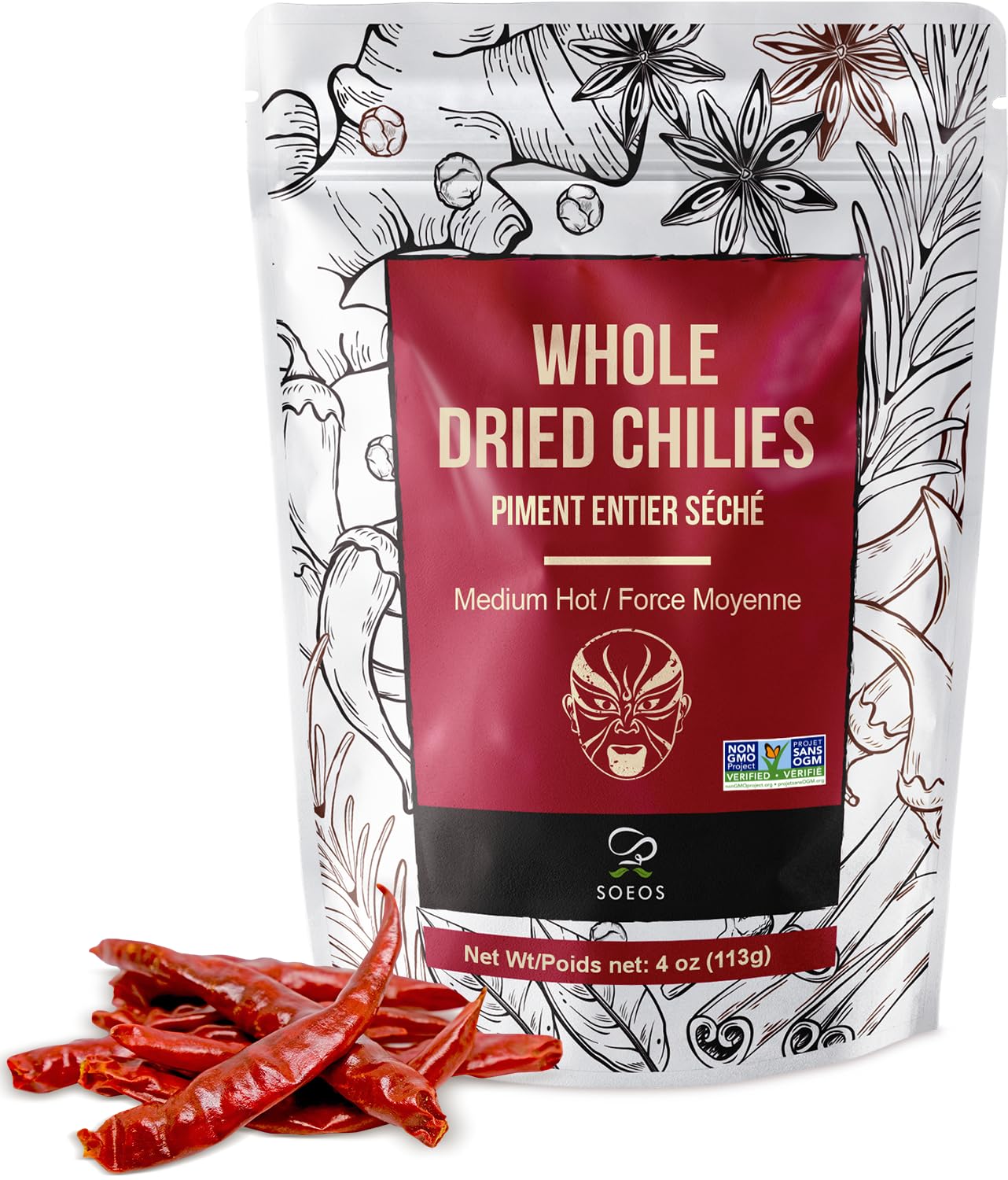 Soeos Hot Dried Chili, Szechuan Dried Chili,Dry Szechuan Pepper, Dry Chile Peppers, Sichuan Pepper, Dried Red Chilies, 4oz (Medium Hot).