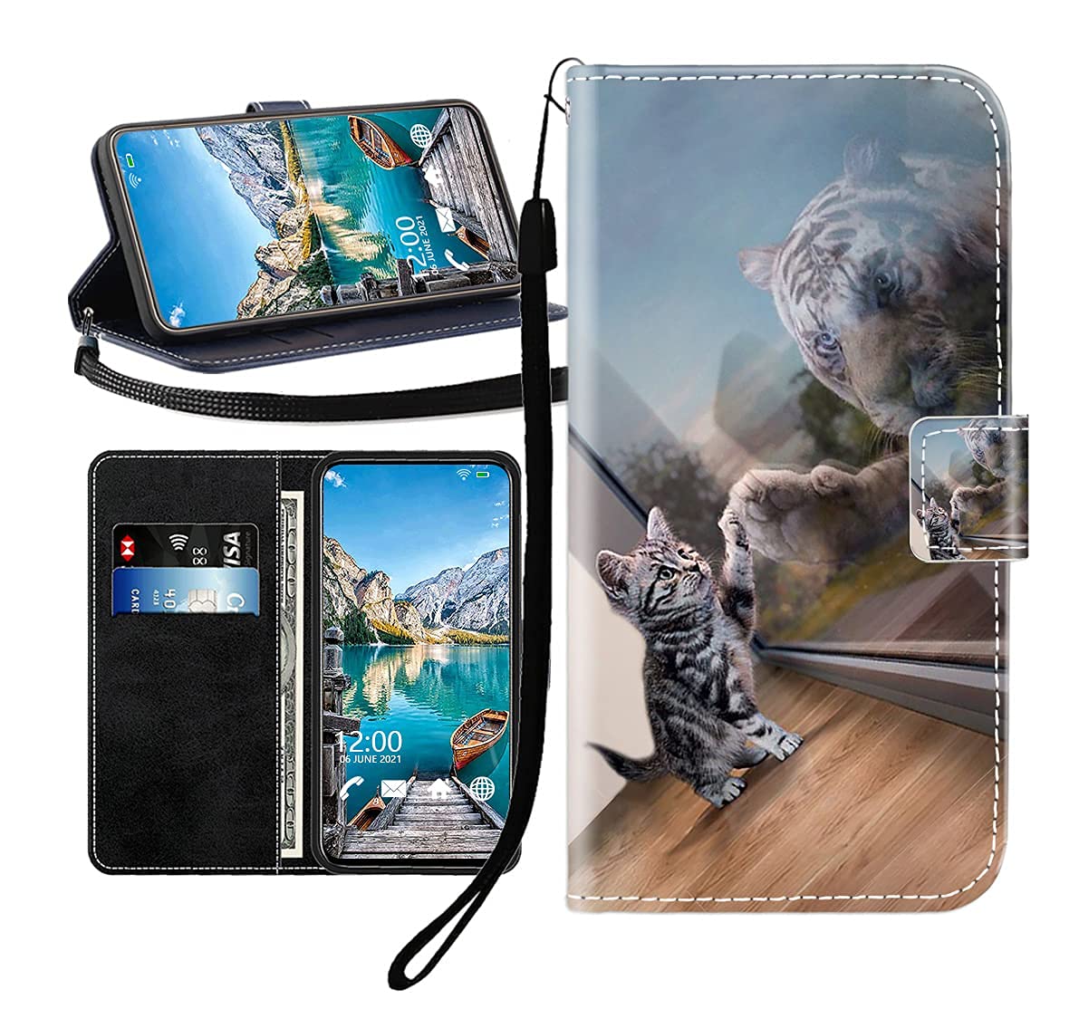 JEZSTHAI Cover Compatibile con Blackview Oscal C60 Custodia in Pelle con Disegno di Gatto & Farfalla,Portafoglio Pieghevoli Caso Cover con Cordino/Laccio Tracolla Cellulare