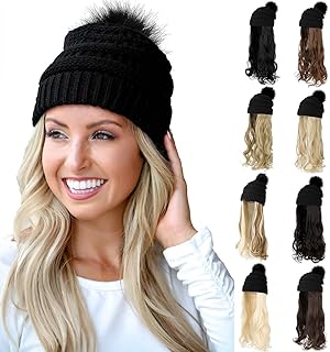 Qlenkay Beanie Hat Knit with Long Wavy Curly Hair Extensions Wig Dismountable Warm Knitted Pom Cap Attached 20inch Synthetic Hairpiece for Women Winter Medium Brown