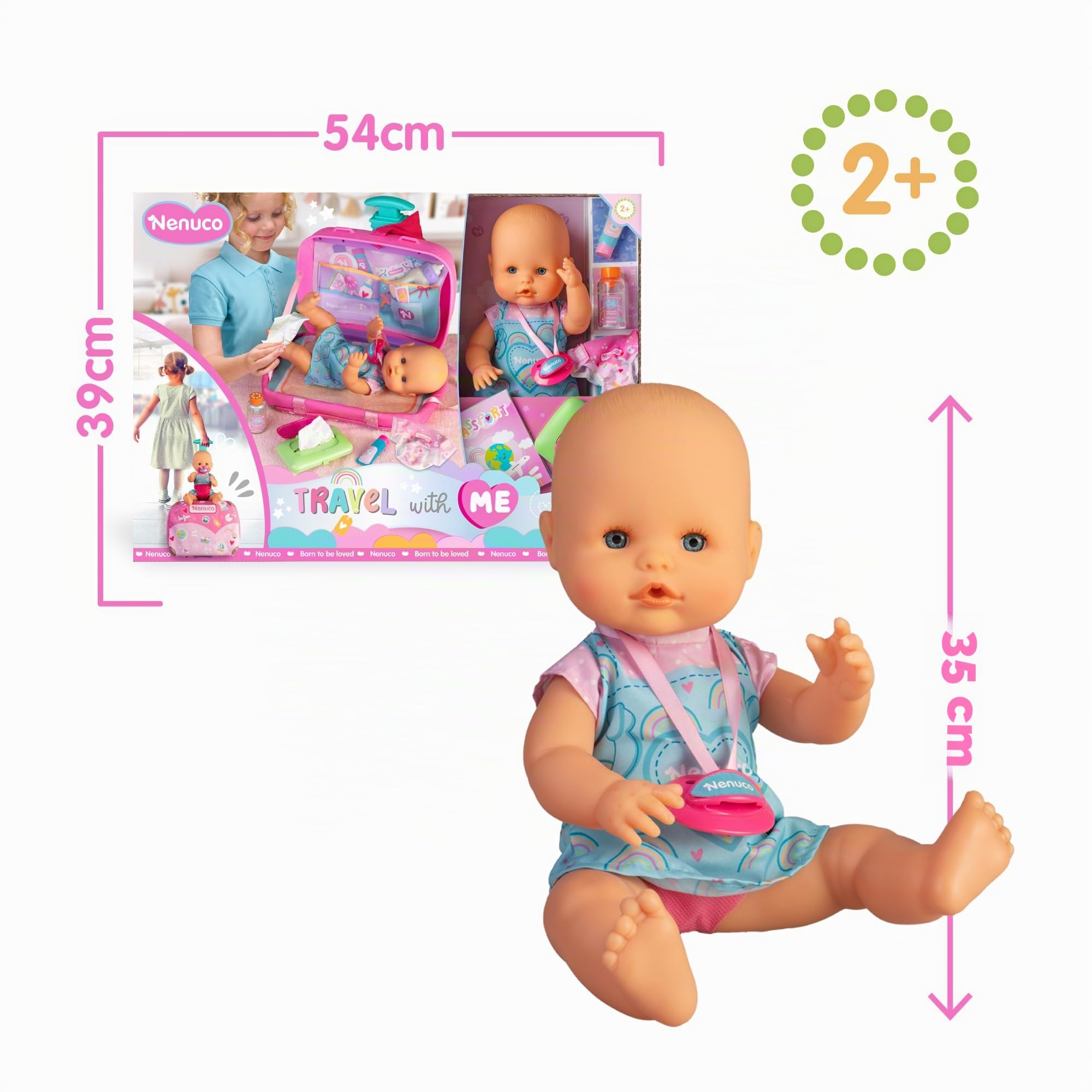 NENUCO - Viaggia con me, bambola da 30 cm con corpo duro con valigia fasciatoio, include cintura per trasporto sicuro e 6 accessori per la cura, +2 anni, famosa (NFNC9000)