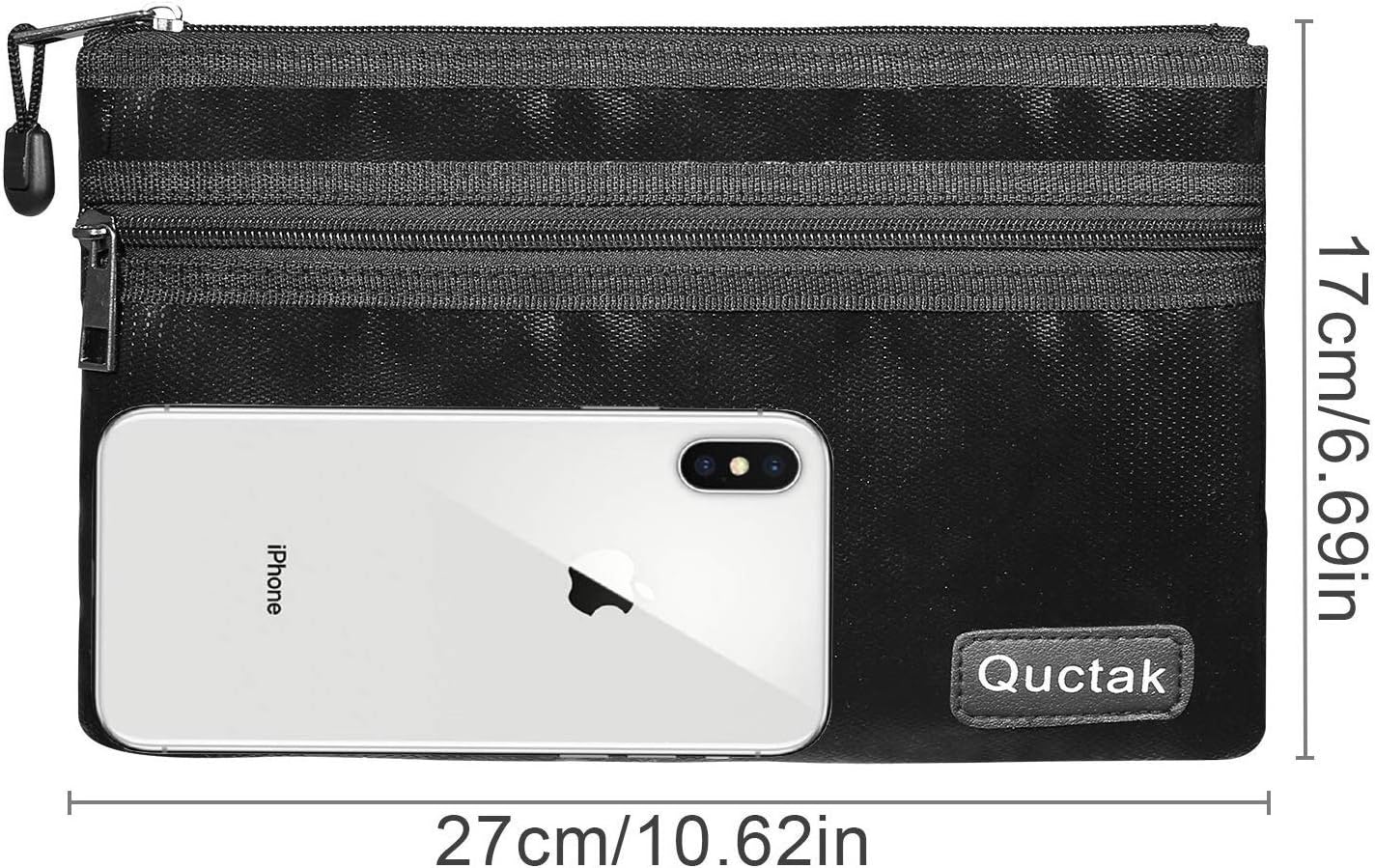 Fireproof Money Bag Two Pockets Two Zippers,Quctak Fireproof Safe Bag 10.6"x6.7" Waterproof and Fireproof Cash Bag Money Safe Pouch Storage for A5 Bank Deposit,Passport,Jewelry (1 Layer Protection)
