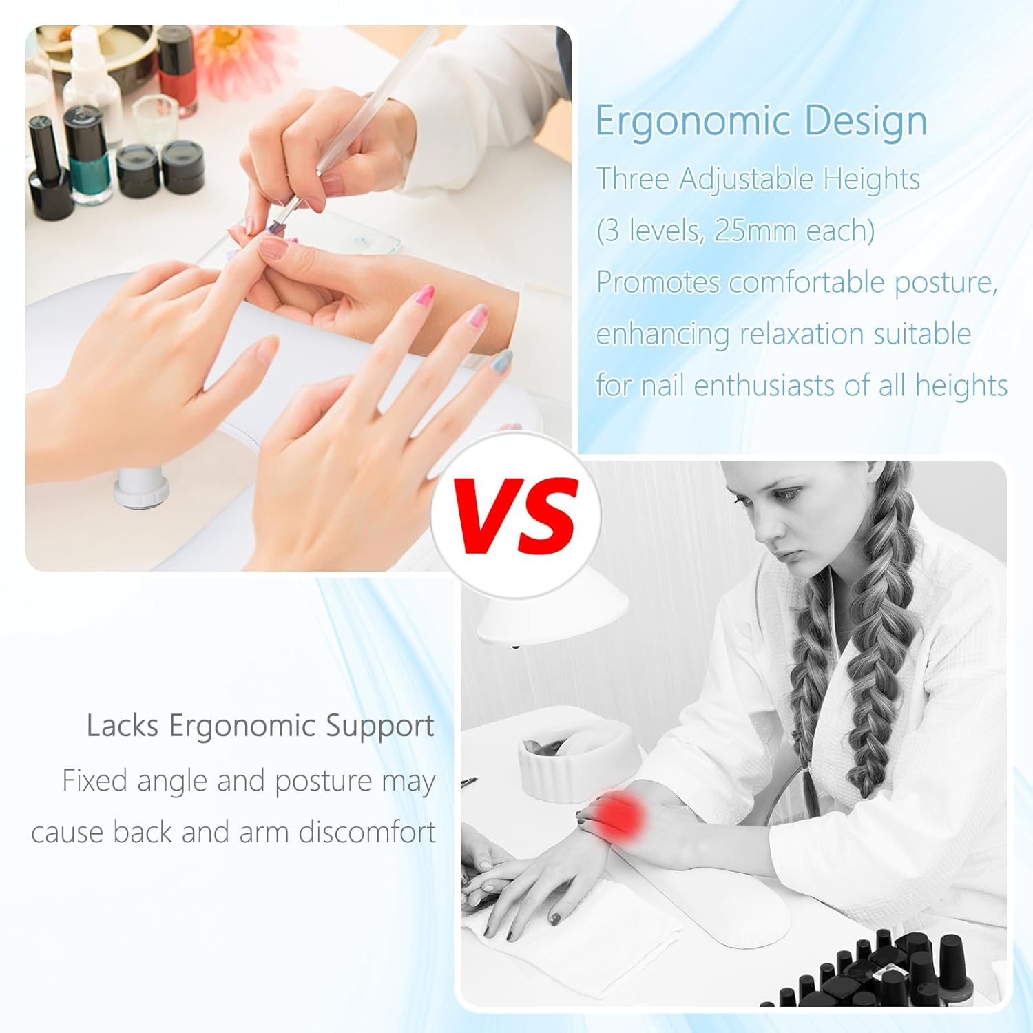 Professional Nail Tech Hand Rest with Nail Mat - Height-Adjustable U-Shaped Manicure Arm Cushion, Large Microfiber PU Leather Pillow for Acrylic Nail Technicians（White）