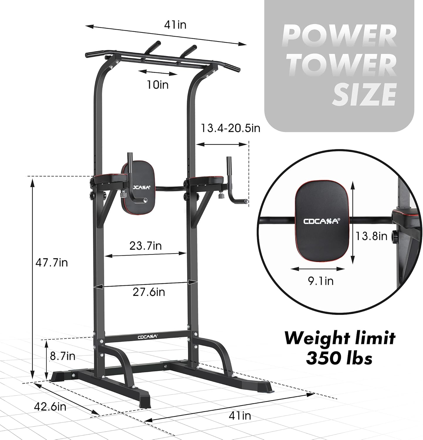 CDCASA Power Tower Dip Station Pull Up Bar Stand Adjustable Dip Stands for Home Gym Strength Training Workout Equipment Multi-Function Fitness Exercise 10 Levels Adjust Height : Sports & Outdoors