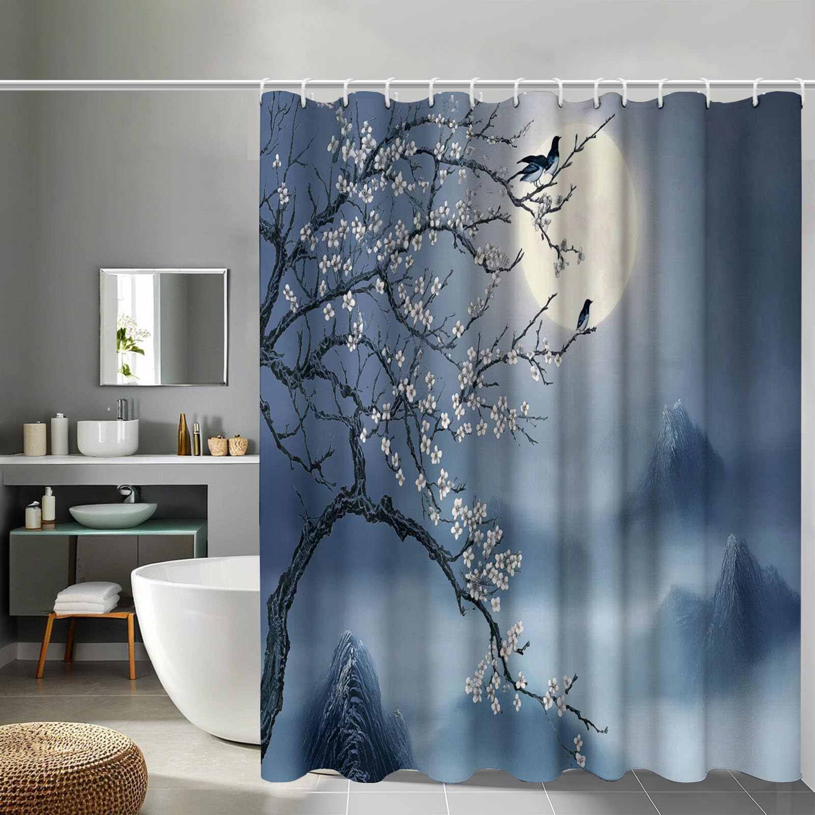 Rideau de douche 180x200 cm lune et branches en polyester bleu avec 12 crochets