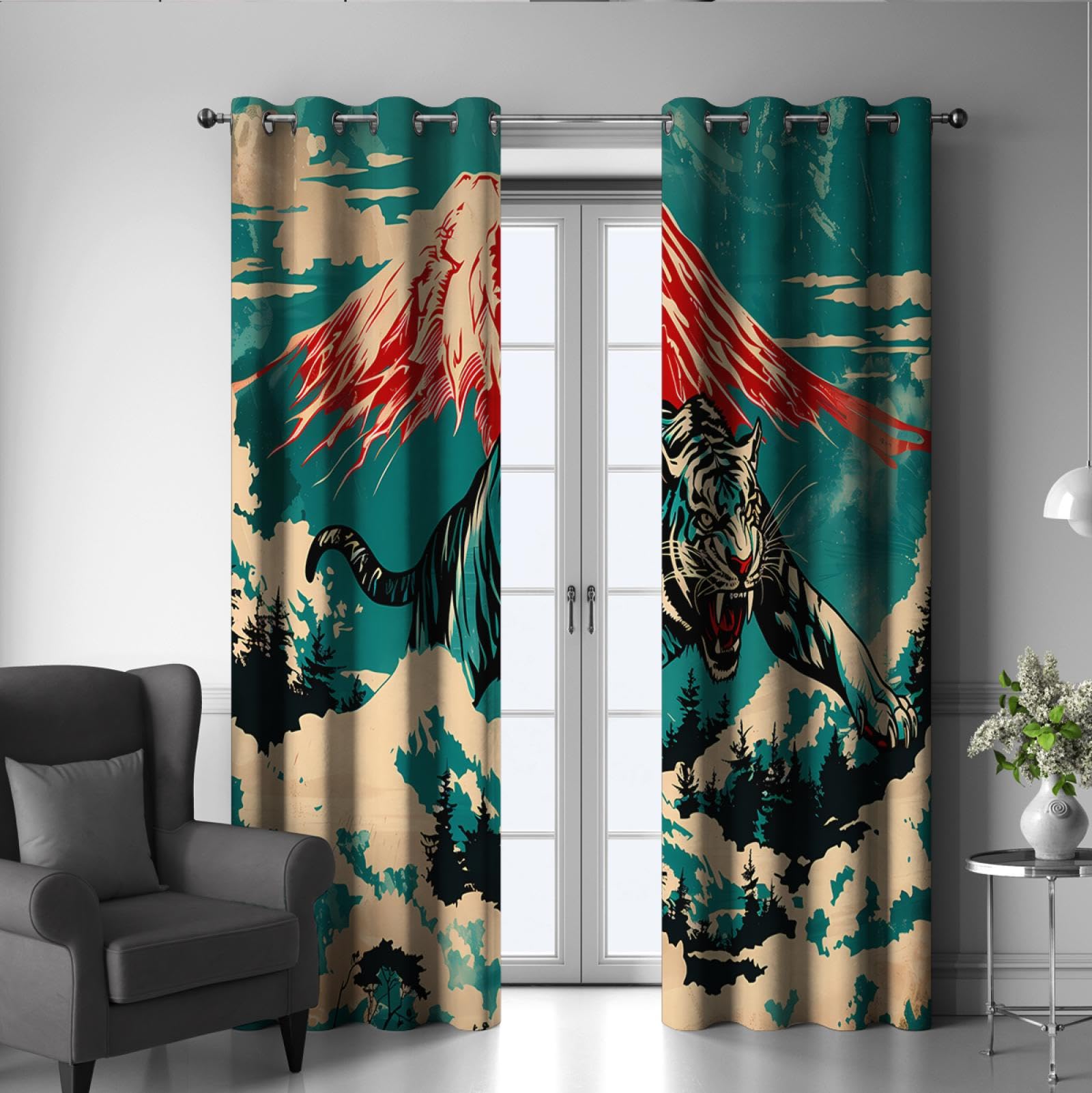 Anime dekoracje okienne Ukiyoe zasłony w japońskim stylu, zaciekły wzór tygrysa, przelotki, izolacja termiczna, zasłony 2 panele wys. 400 x szer. 100 cm