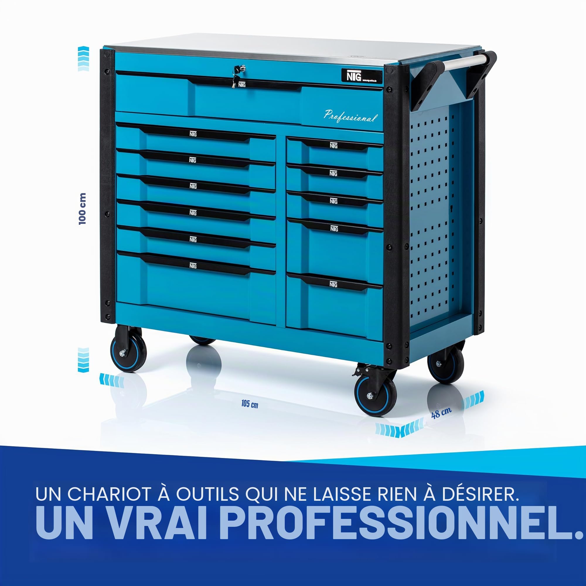 NTG Chariot à Outils XXL équipé d'outils | 457 pièces | +12 tiroirs verrouillables | Dont 10 avec Outils | avec incrustations Souples en Optique Carbone | Chariot d'atelier Caisse à Outils