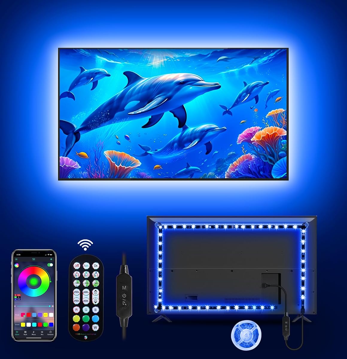 MATICOD Luces LED para TV, luces de TV de 13.1 pies para 45-60 pulgadas, sincronización de música, retroiluminación de TV que cambia de color con control remoto de aplicación inteligente Bluetooth, tira de luz RGB 5050 RGB alimentada por USB para decoración de Navidad