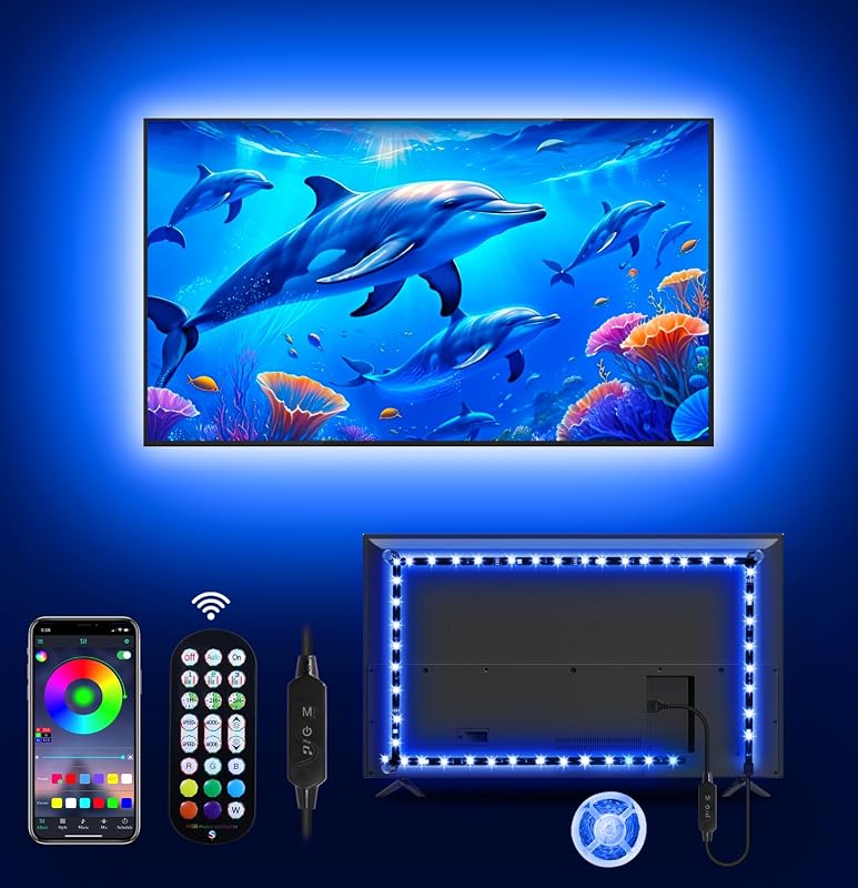 MATICOD Luces LED para TV, luces de TV de 13.1 pies para 45-60 pulgadas, sincronización de música, retroiluminación de TV que cambia de color con control remoto de aplicación inteligente Bluetooth, tira de luz RGB 5050 RGB alimentada por USB para decoración de Navidad