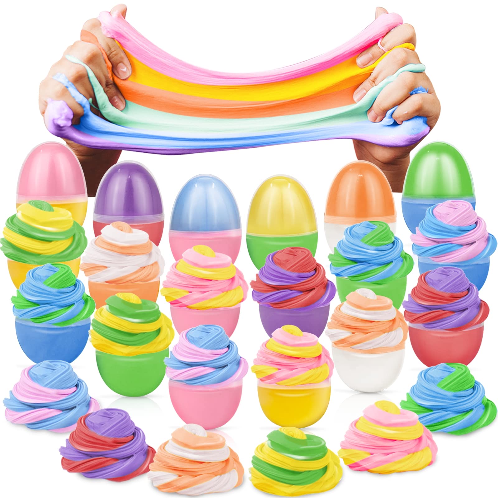 AMENON 24 Pack Easter Basket Stuffers Double Color DIY Easter Butter Slime Egg Stress Relief Squeeze Toys Surprise Egg Easter Party Favors Easter Toys for Kids Boys Girls Giftss