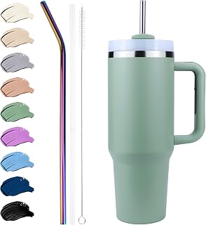 Disoza Thermobecher mit Strohhalm 40 oz Grün Trinkbecher mit Deckel und Strohhalm 1.2 L Kaffeebecher To Go Coffee Becher mit Strohhalm Tumbler Cup Trinkflasche mit Strohhalm Wasserflasche mit Henkel