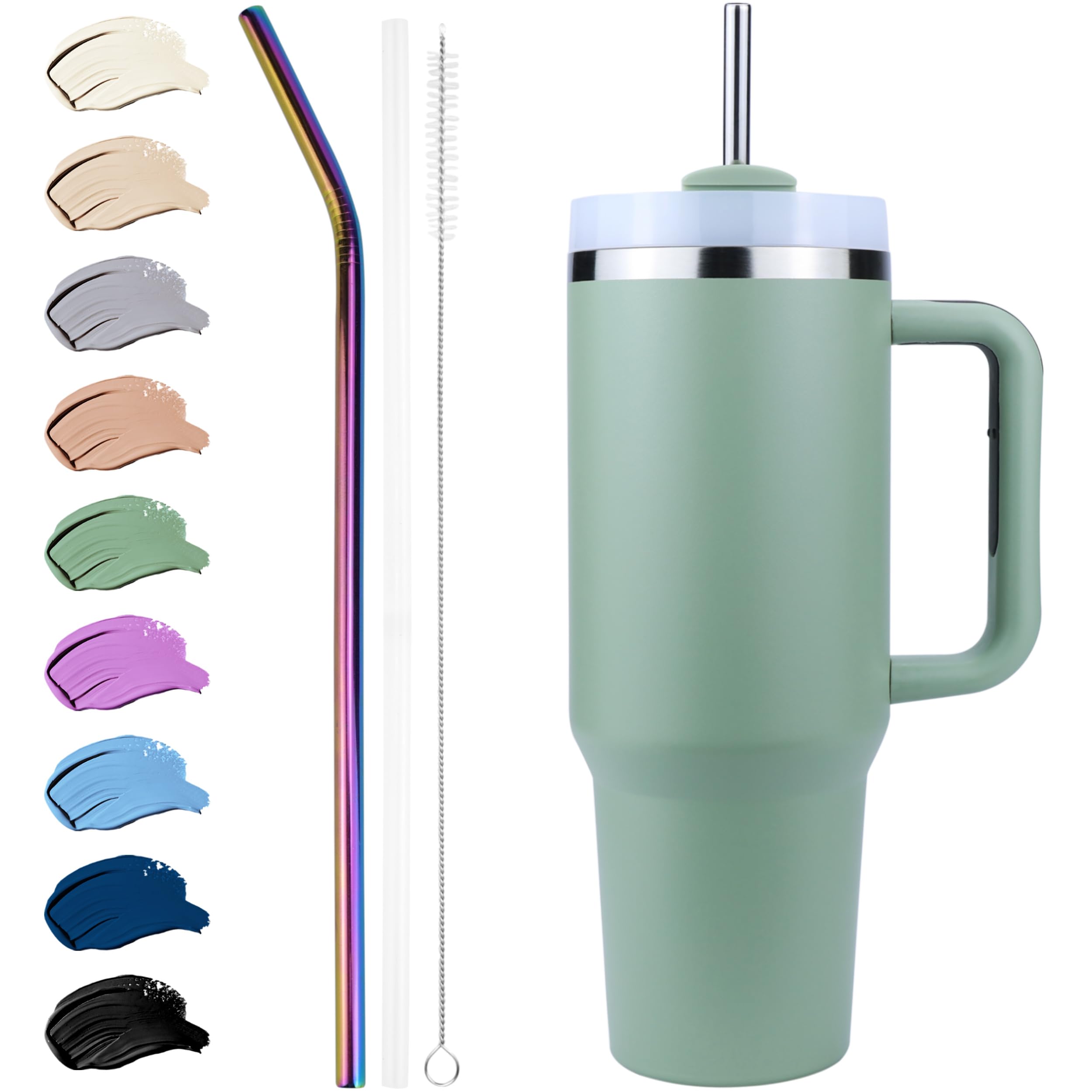 Disoza Thermobecher mit Strohhalm 40 oz Grün Trinkbecher mit Deckel und Strohhalm 1.2 L Kaffeebecher To Go Coffee Becher mit Strohhalm Tumbler Cup Trinkflasche mit Strohhalm Wasserflasche mit Henkel Küche