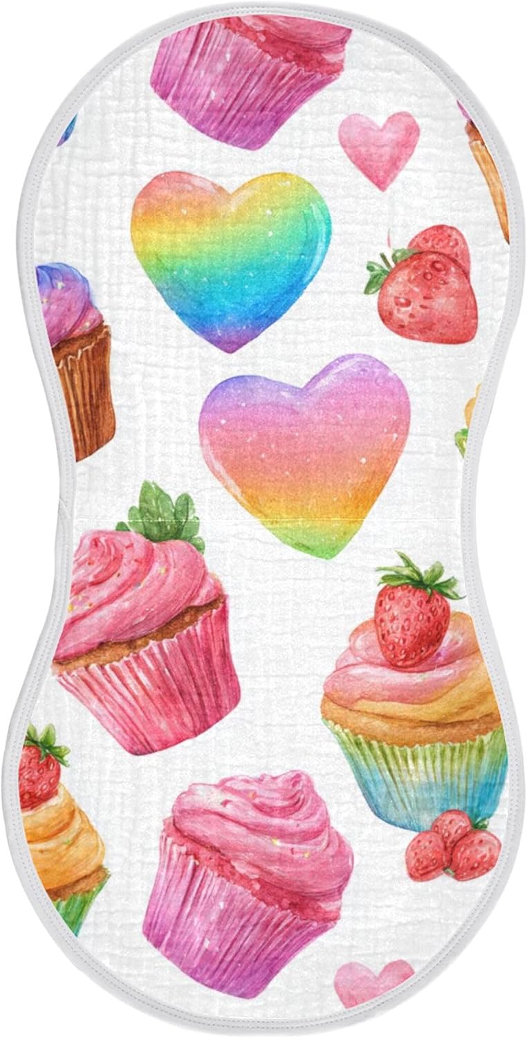 Rainbow Hearts Cupcake Burp Cloths Baby Boys Girls Absorbent Soft Cotton Burping Cloths Rags 4 Pack