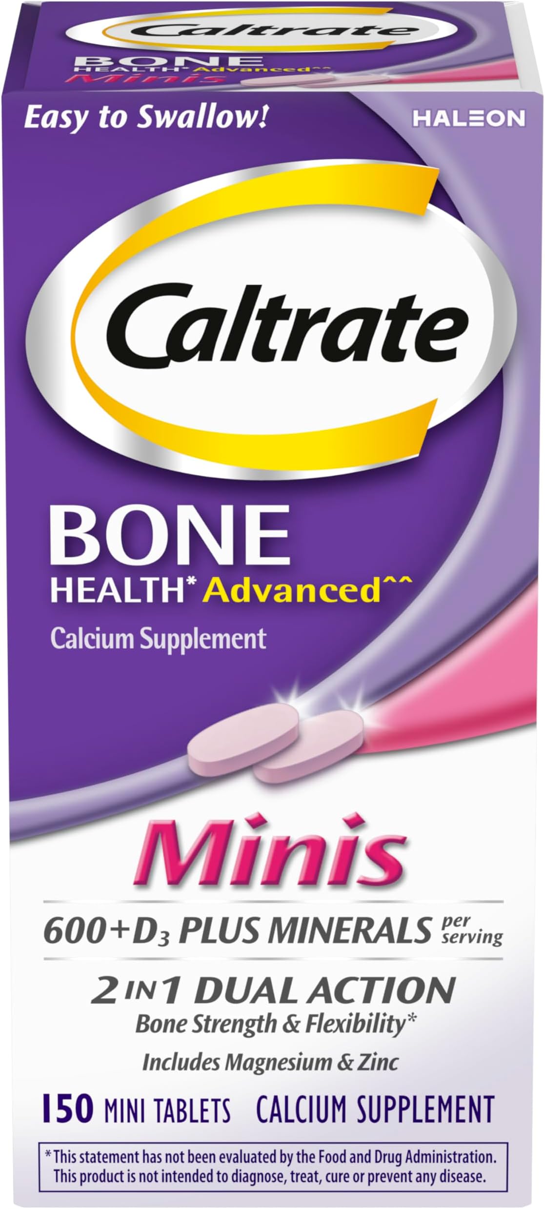Minis 600 Plus D3 Plus Minerals Calcium and Vitamin D Supplement Tablets, Bone Health and Mineral Supplement for Adults - 150 Count