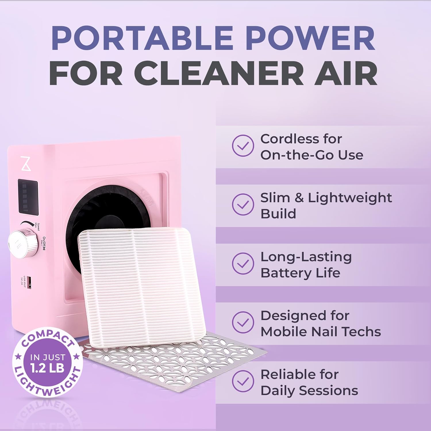 M - DustPro Cordless Rechargeable Nail Dust Collector | 45K RPM Powerful Suction | Ultra-Quiet Brushless Nail Vacuum with Reusable Filter | Professional & Home Salon Use (Pink)