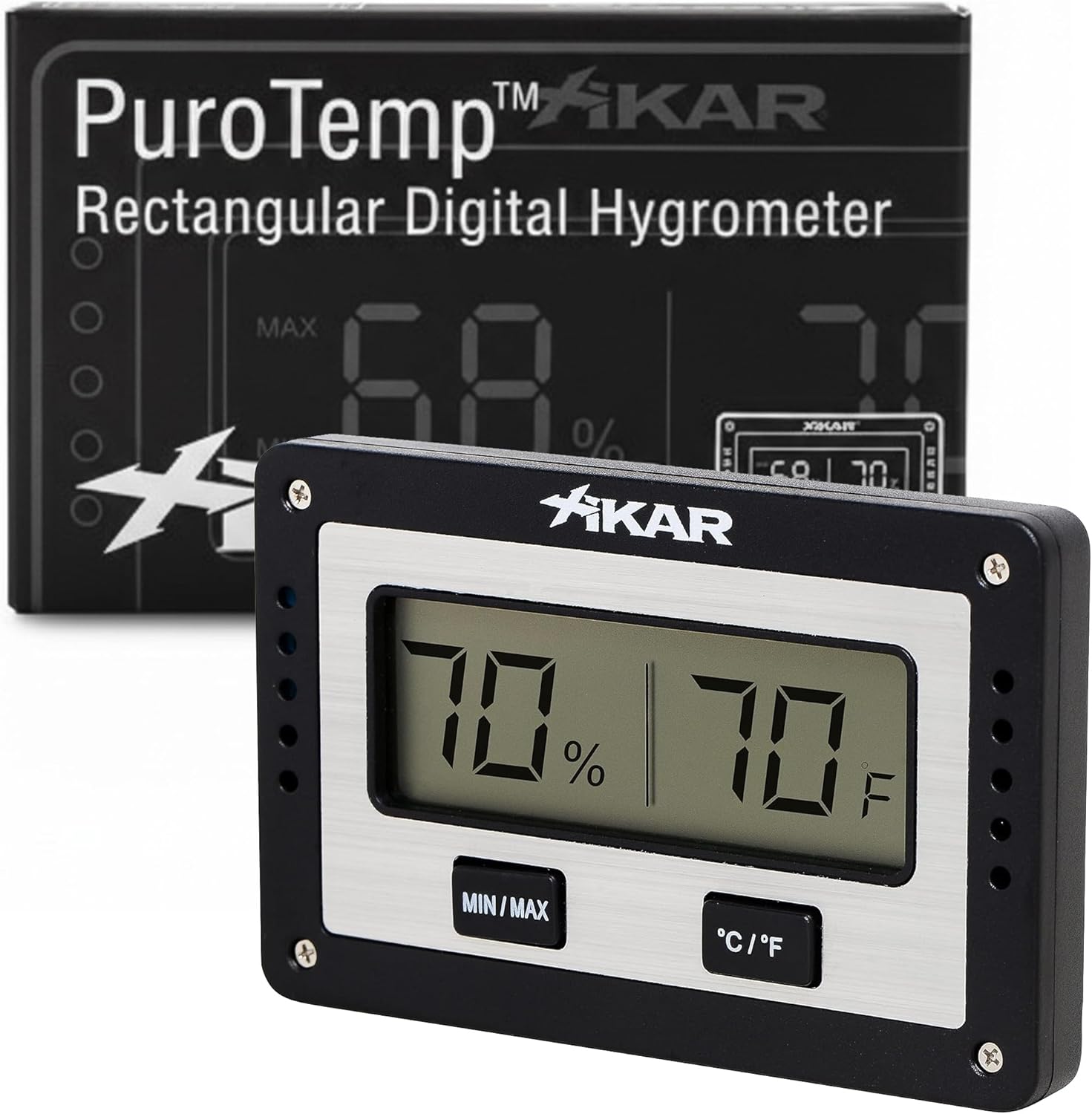 XIKAR PuroTemp Rectangular Digital Hygrometer – Digital Thermometer with Humidity Sensor – Temp and Humidity Monitor for Humidor, Easy to Calibrate, Fast Refresh Readings, Lightweight – Black