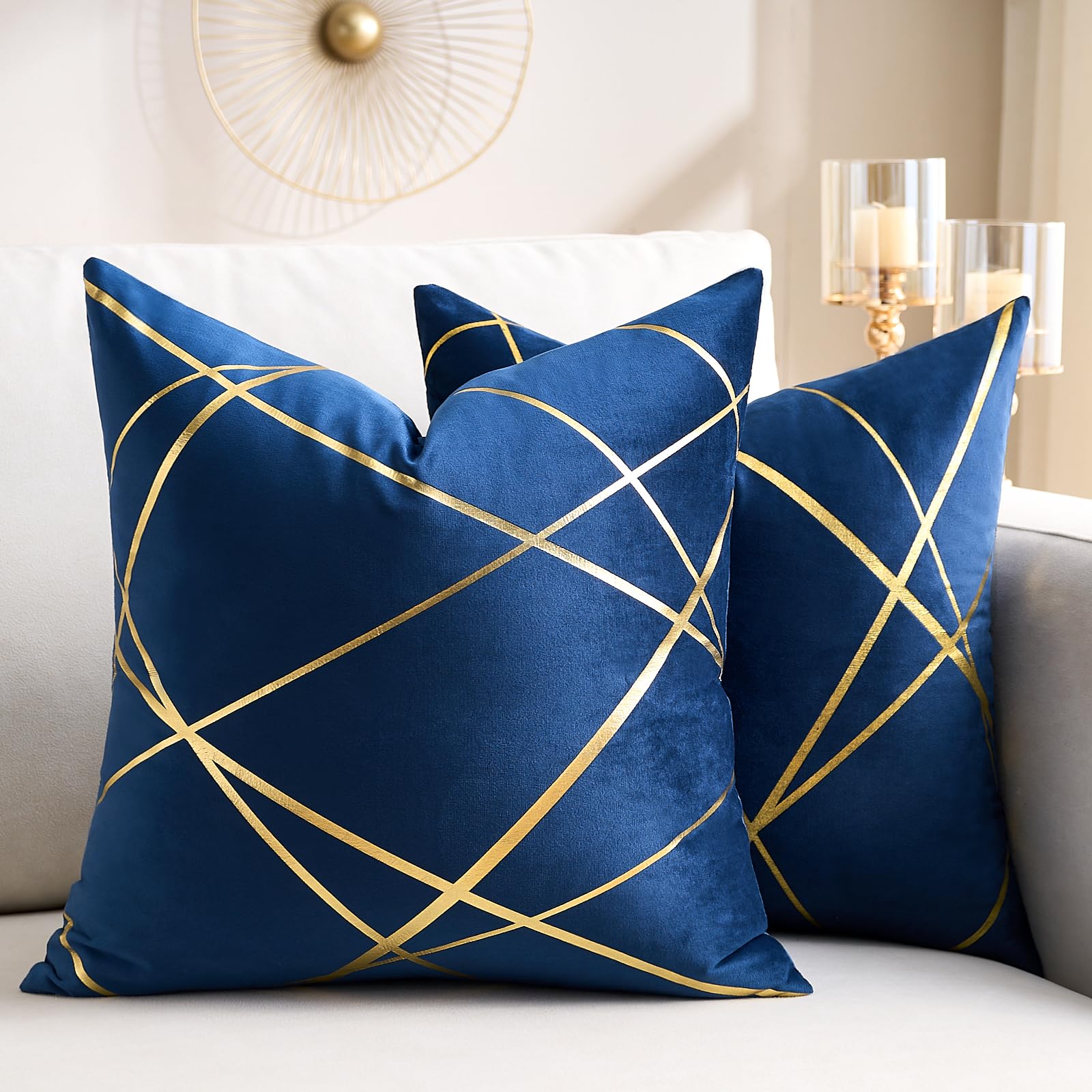 Navy Blue Velvet Throw Pillow Covers 18x18 Set of 2 Modern Luxury Gold Foil Geometric Pattern Pillow Covers Soft Decorative Square Cushion Covers
