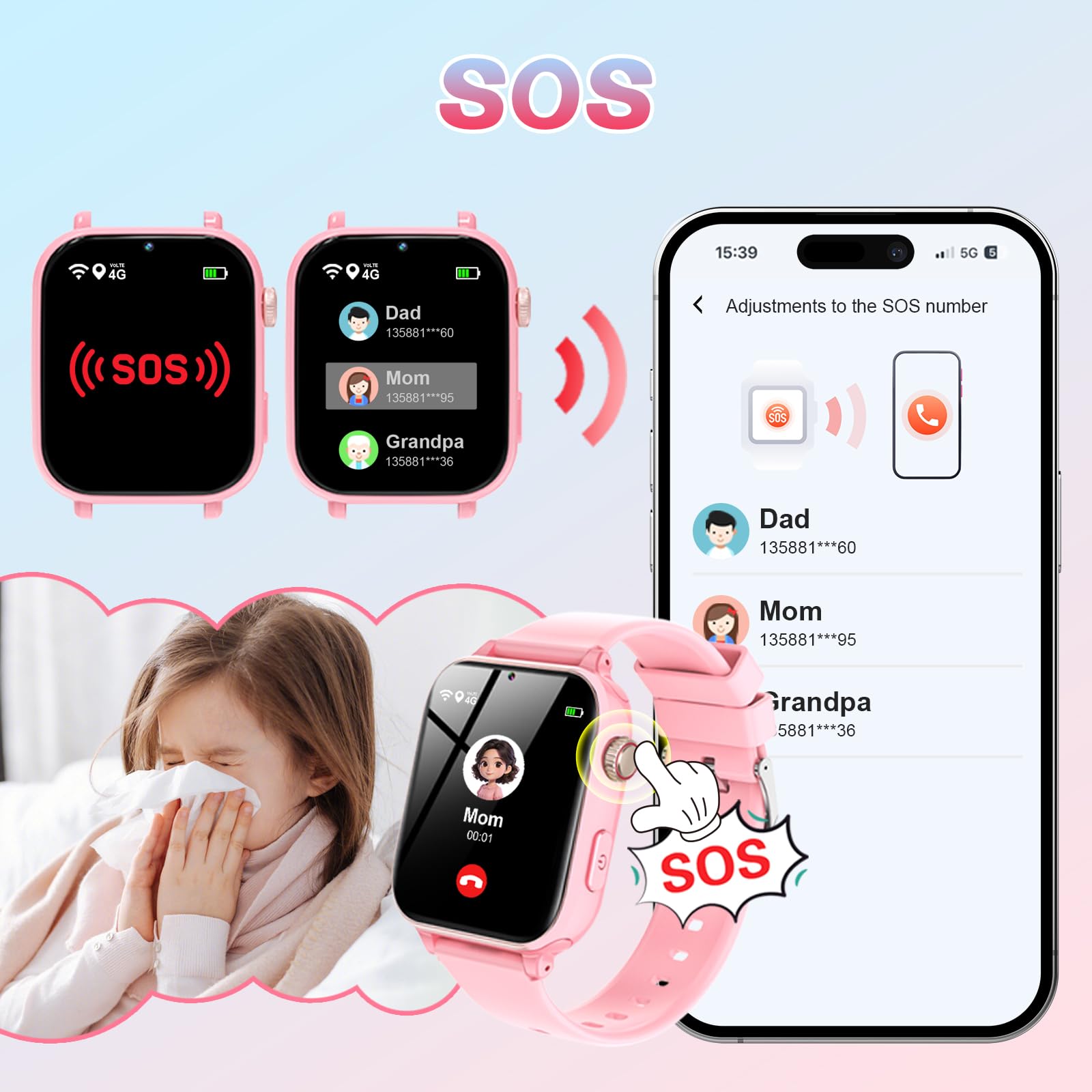 PTHTECHUS Smartwatch Kinder GPS und Telefon, 4G Uhr Kinder Smartwatch | Videoanruf, Voice Chat, Schulmodus WiFi SOS Spiele Wecker, Schrittzähler, Kinderuhr für Mädchen Jungen 4-12 Jahren, Rosa