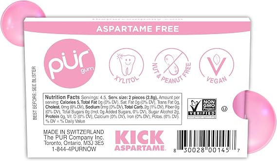 PUR Gum | Sugar Free Chewing Gum | 100% Xylitol | Vegan, Aspartame Free, Gluten Free & Diabetic Friendly | Natural Bubblegum Flavoured Gum, 9 Pieces (Pack of 12)