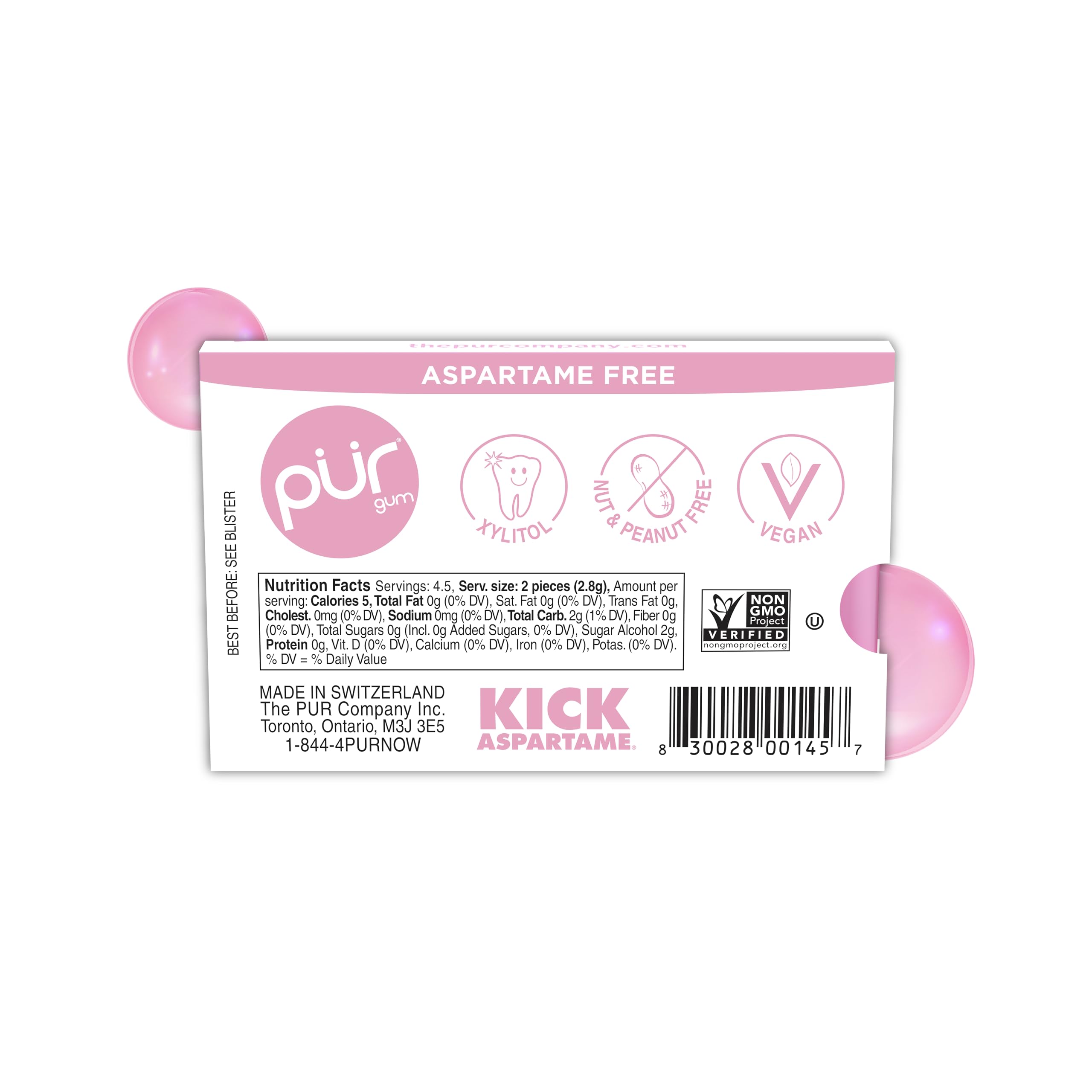 PUR 100% Xylitol Chewing Gum, Gomme da Masticare Senza Zucchero, Senza Aspartame & Glutine, Gusto Bubblegum, Vegane, 9 pezzi (Confezione da 12)