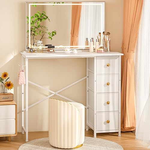 Miniatura 2 de Tocador sin espejo, pequeño tocador de maquillaje con 4 cajones de tela, mesa de vestir blanca para espacios pequeños, mesa de maquillaje para niñas