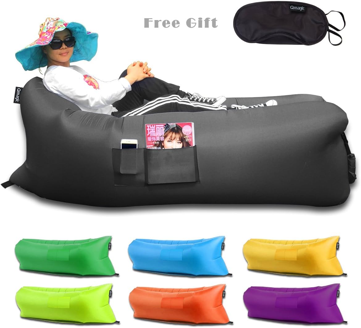 Qmagic Inflatable Lounger Air Mattresses Quick Open Hangout as Lounge Chair Bean Bag Air Hammock Sofa Couch Air Bag Outdoor Camping Hiking Bed Portable Lazy Sofa(Black)