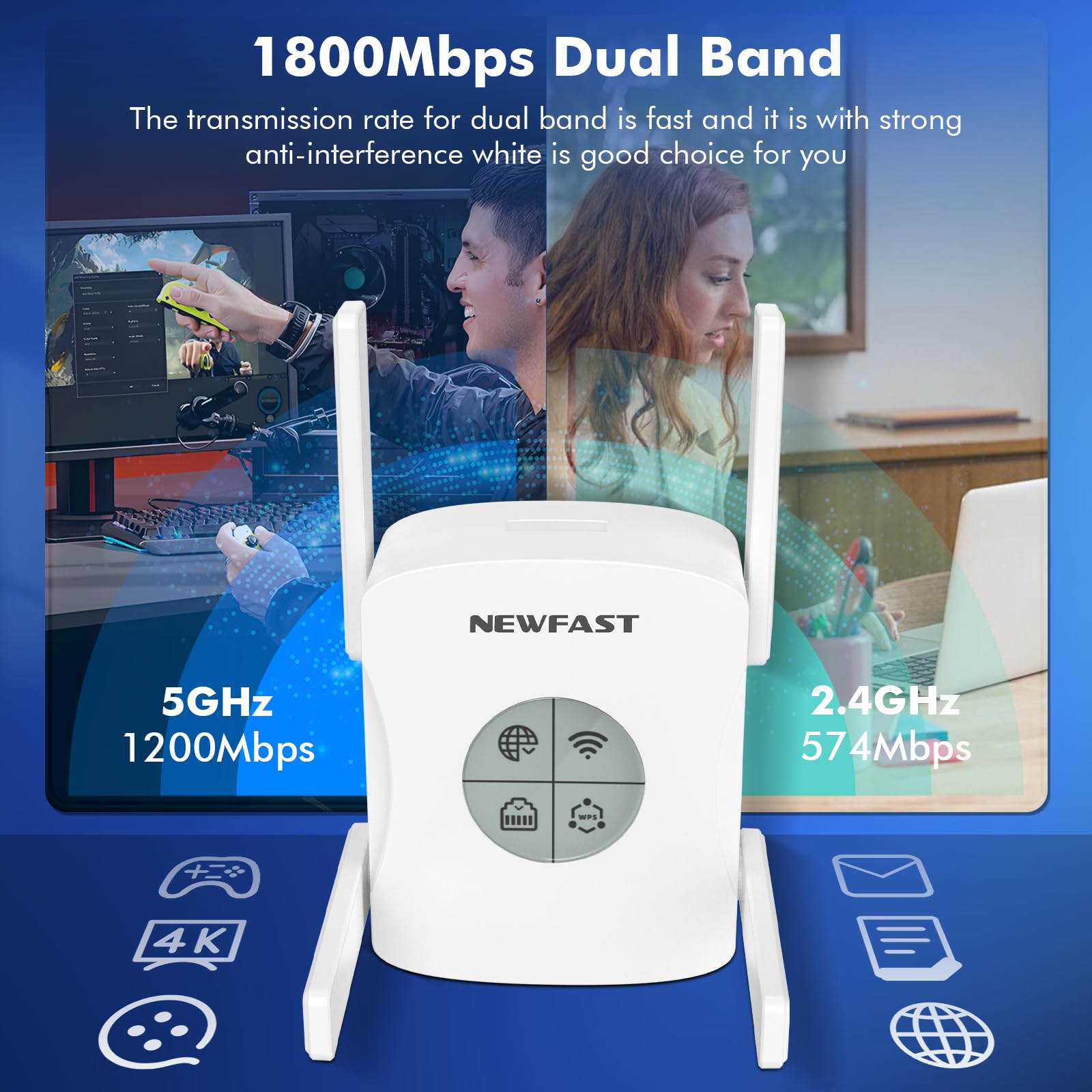 NEWFAST AX1800 WiFi 6 Range Extender,Dual Band WiFi Repeater Signal Booster with Gigabit Ethernet Port, 2.4G&5.8G WiFi Extender Signal Booster for Home with 4 Antenna,AP Mode,Quick Setup (NF-RE553)