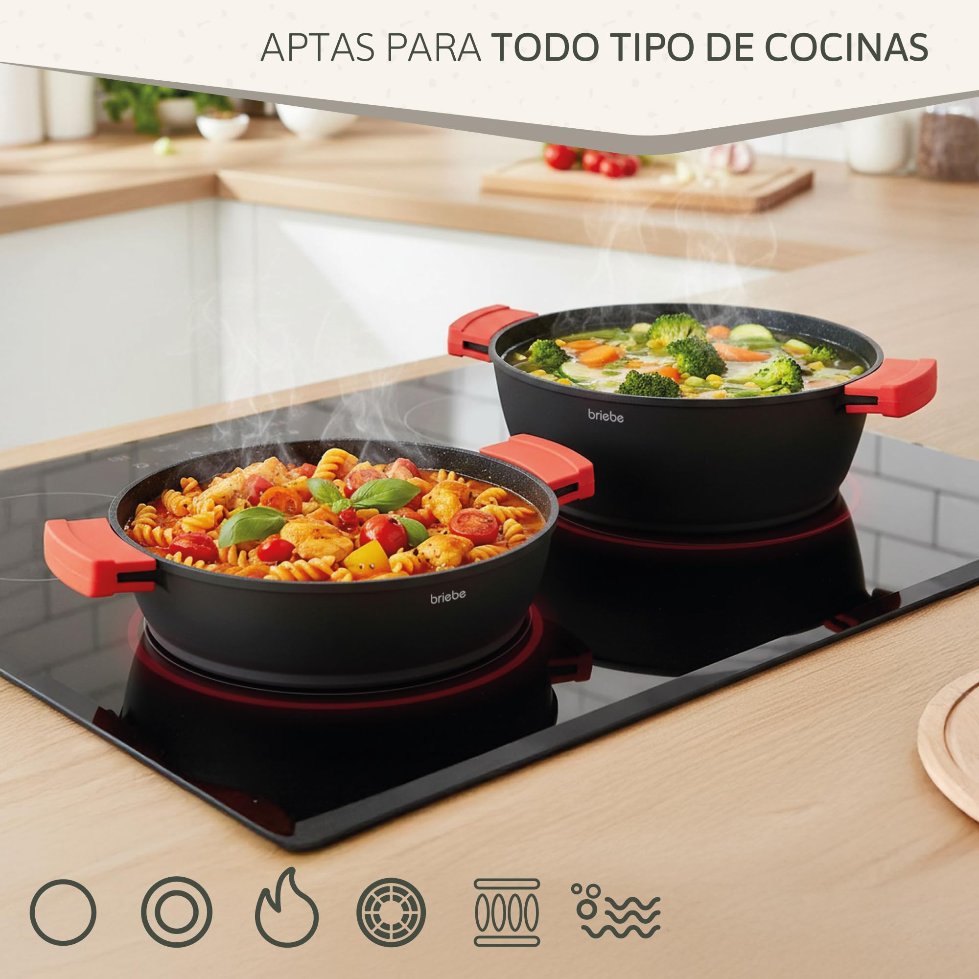 briebe Black Titanium Cacerola Baja de Cocina Inducción Antiadherente Titanio, Cazuela 28cm, Aluminio Fundido, Recubrimiento sin PFOA, Tapa Cristal, Asas Silicona, Vitrocerámica, Gas, Horno