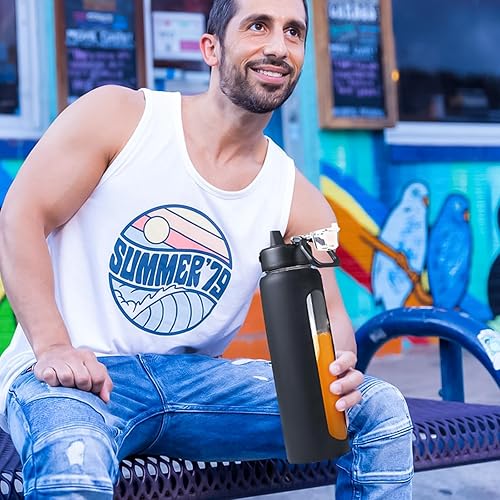 Miniatura 6 de Kodrine Botella de Agua de Vidrio de 32 oz con Pajita y Asa de Transporte, Tapa de Cierre Hermético de Un Toque a Prueba de Fugas, Botella