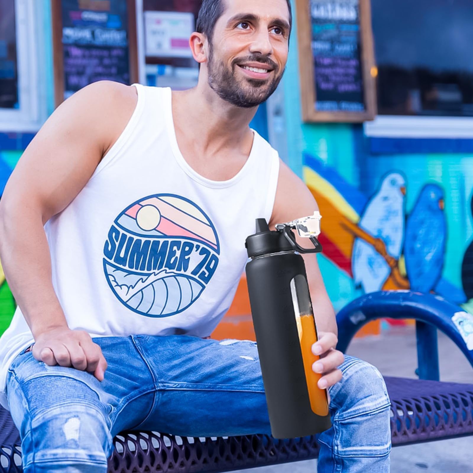 Kodrine Wasserflasche, 32oz Glas Wasserflasche mit Strohhalm, Flasche mit Verriegelungsdeckel Auslaufsicher, Sport Wasserkrug, Trinkflaschen für Fitnessstudio Reisen Zuhause, Schwarz