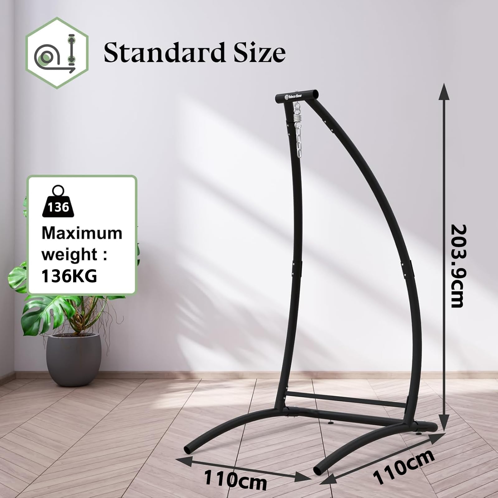 C Type Hängesessel mit Gestell, Schwarz Hängemattengestell und Grau Hängeschaukel, Stoffschaukel mit Bequemen Kissen, Hängesessel Outdoor, Hängemattenständer für Balkon, Terrasse, hält bis zu 150kg