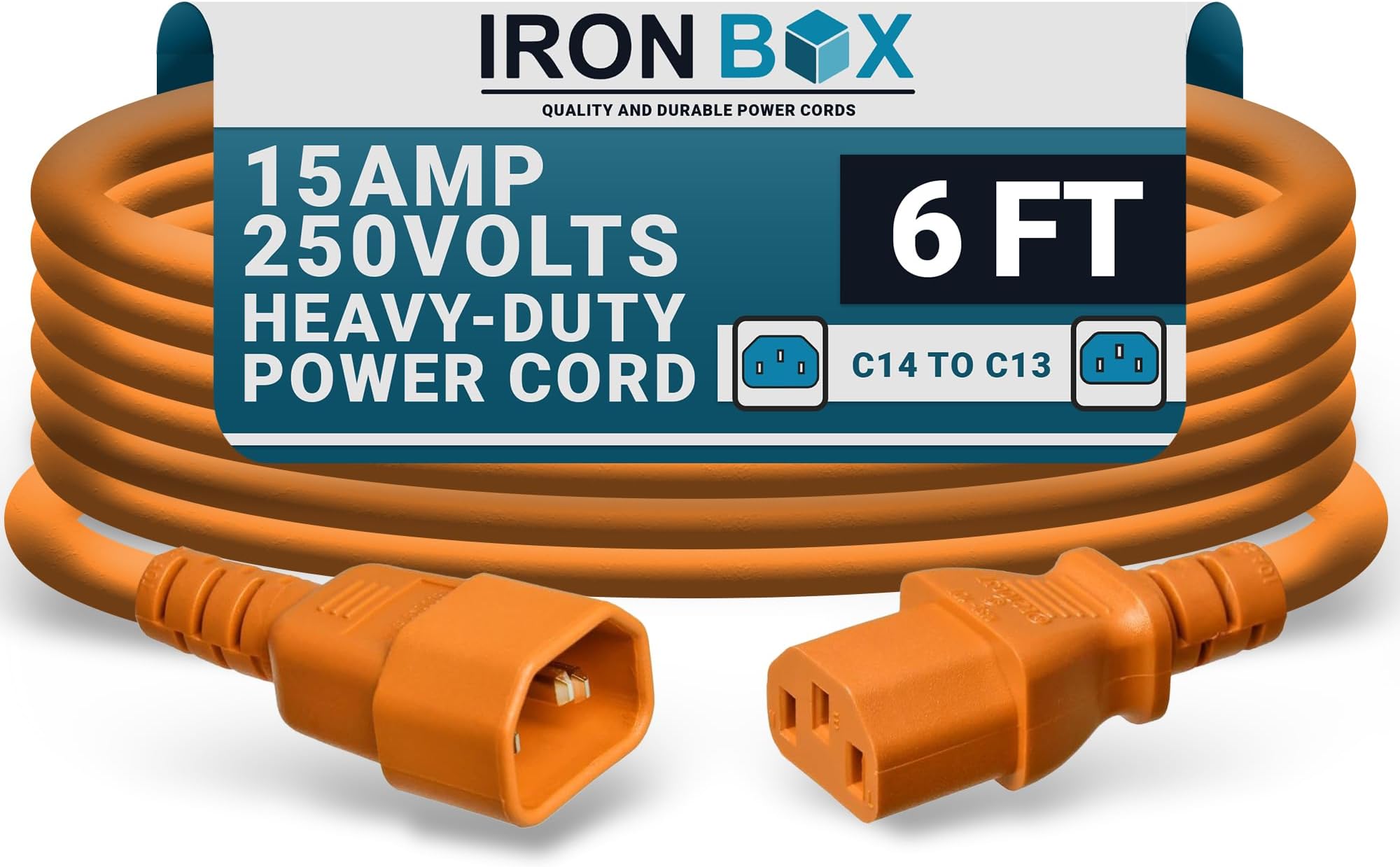 IronBox Electric C14 to C13 Power Cord - 15A/250V, 14/3 AWG SJT-UL Listed Power Extension Cord - Heavy Duty IEC Cable Connector - Jumper Cable for Computer, Speaker, Monitor, PDU & More (6ft, Orange)