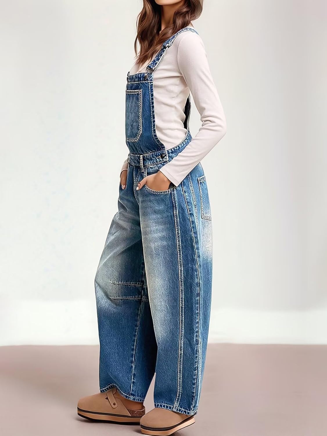 Flamingals Barrel Leg Stitch Detail Button Side Denim Overalls for Women Casual Jumpsuits with Pockets - Image 2