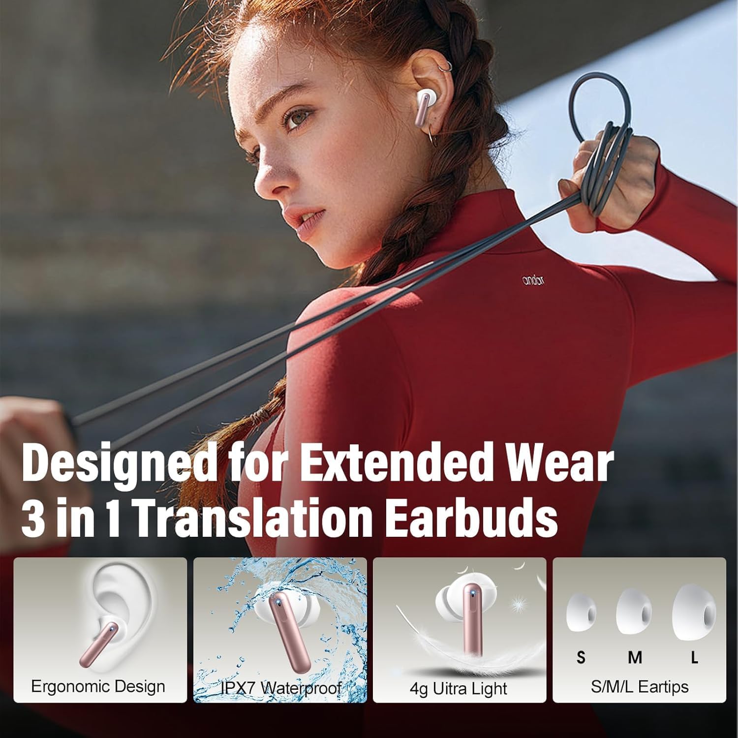 VEKJ Ai Translation Earbuds Real Time with Audio and Video Calls, 3-in-1 Buletooth 5.4 Translator Headphones with 165 Languages/8 Translation Modes, 42H Audifonos Traductores Inglés Español, Rose Gold