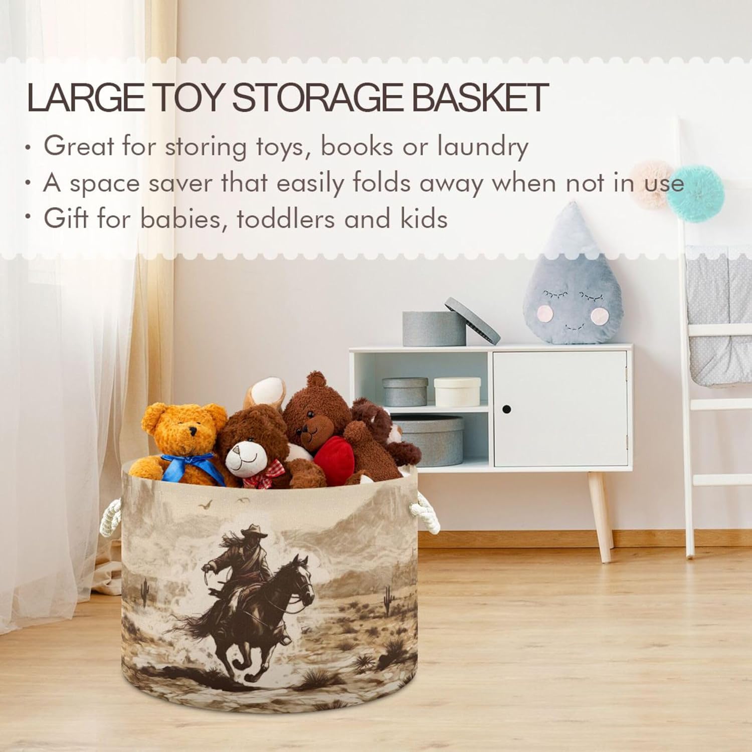 xigua Western Desert Cowboy Cotton Rope Storage Basket with Handles Large Baby Laundry Basket Round Collapsible Blanket Basket Shelf Closet Organizer for Nursery Toys Clothes