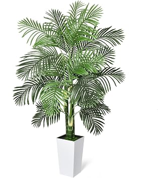 Timoo Fake Palm Tree Decor 6 FT Artificial Plants Indoor with White Tall Planter, UV Resistant Areca Palm Fake Tree with 3 Lifelike Trunks Leaves, Fake Plant for Home Office Indoor Outdoor