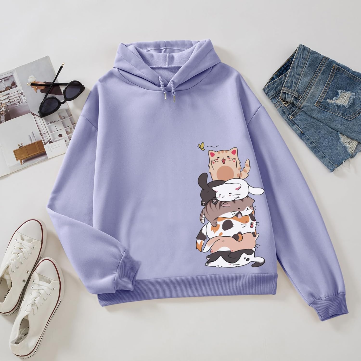 Tuislay Cute Cat Graphic Hoodies for Teen Girls Kawaii Cartoon Printed Hoodie Women Anime Print Hooded Sweatshirt Pullover - Image 3