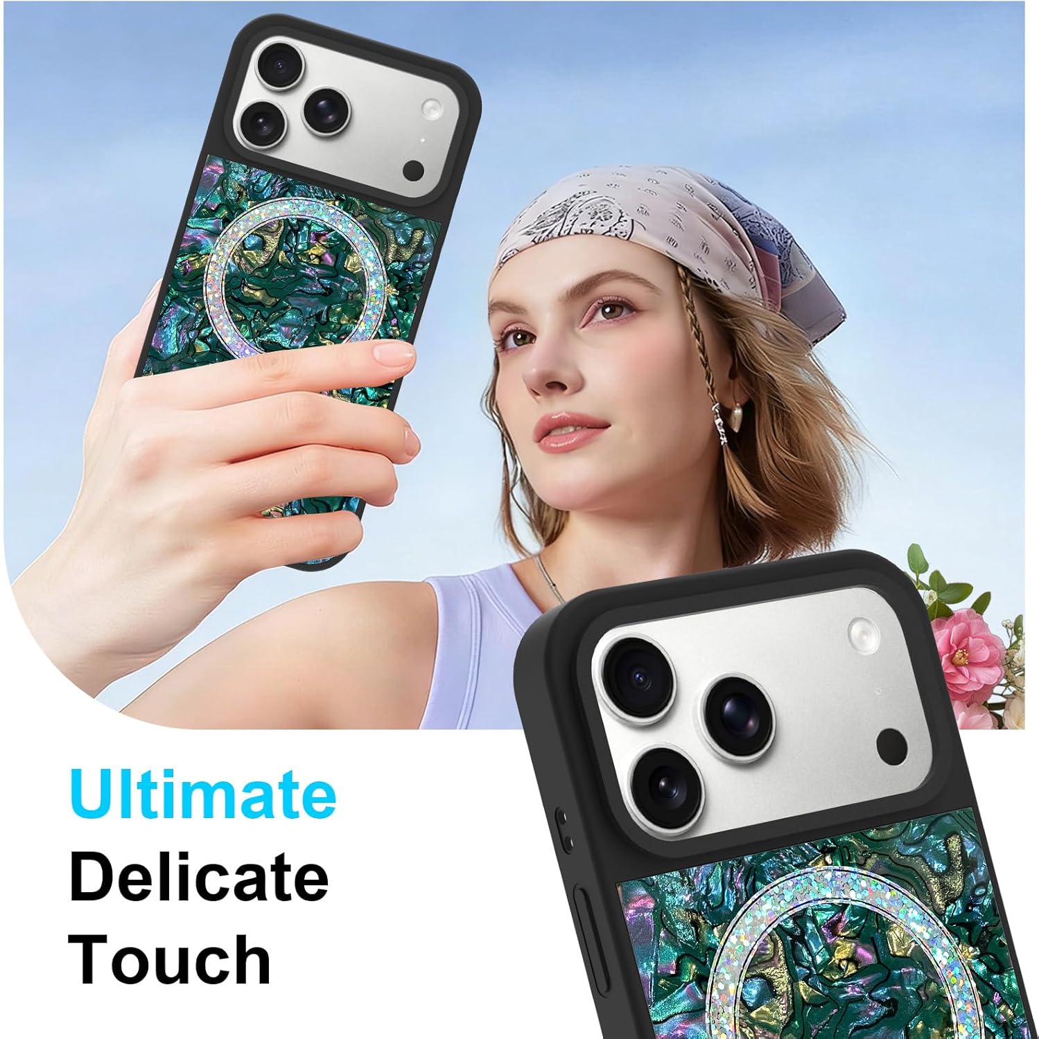 Fiyart Designed for iPhone 17 Pro Max Case Tortoise Shell Compatible with MagSafe Glossy Sparkle Glitter Opalescent Pearl Shockproof Magnetic Phone Animal Print Cover for Women Girls 6.9"-Green