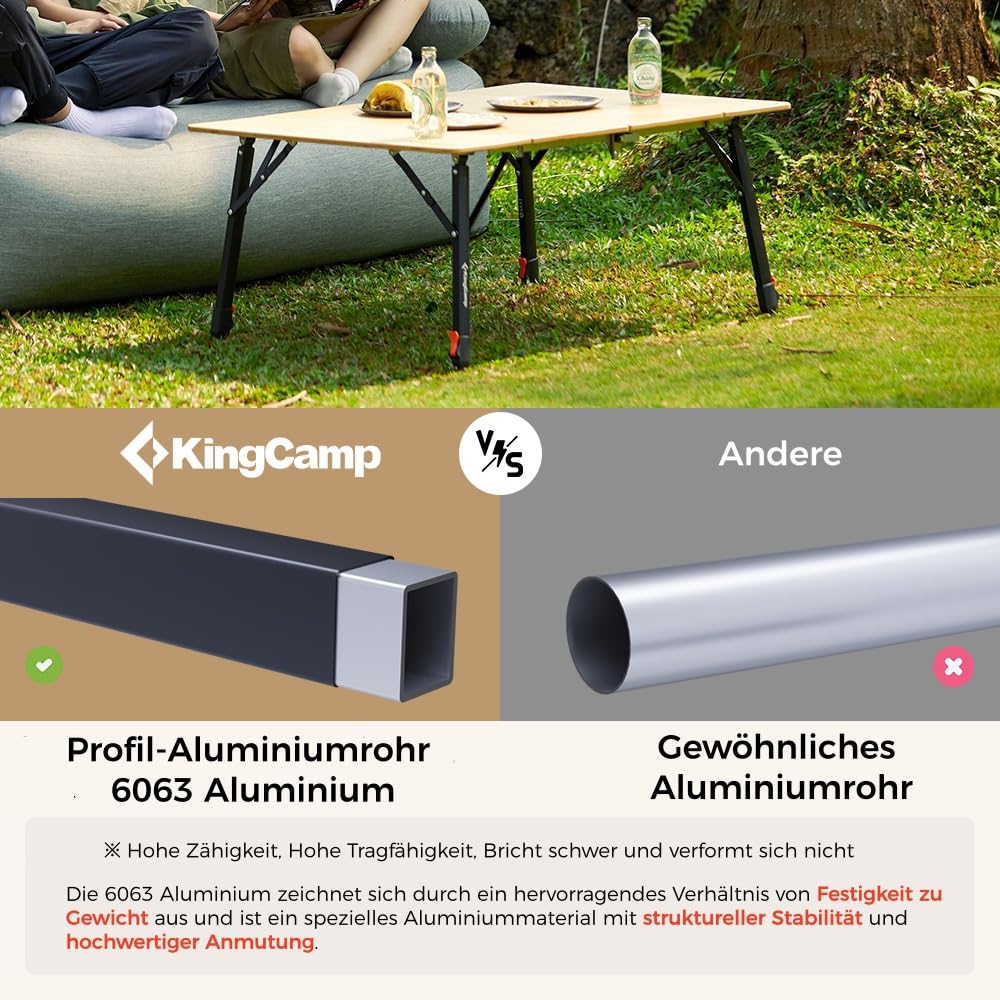 KingCamp Campingtisch Bambus 80 x 60 cm Klapptisch höhenverstellbar 42~70cm für 2-4 Personen 4 Falten Campingtisch Klappbar belastbar bis 80kg