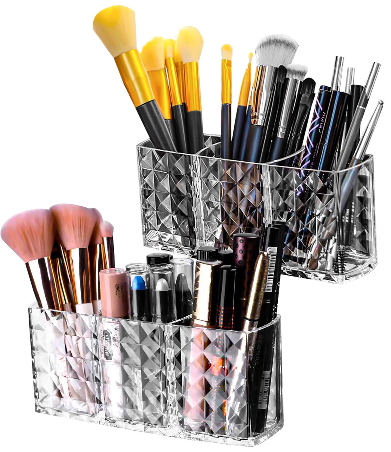 FAOKZE 2 Piezas Maquillaje Brochas Organizador,Organizador de Maquillaje Acrílico,Organizador de Brochas de Maquillaje con 3 Compartimentos,para Baño Dormitorio Escritorio de Oficina（Transparente）