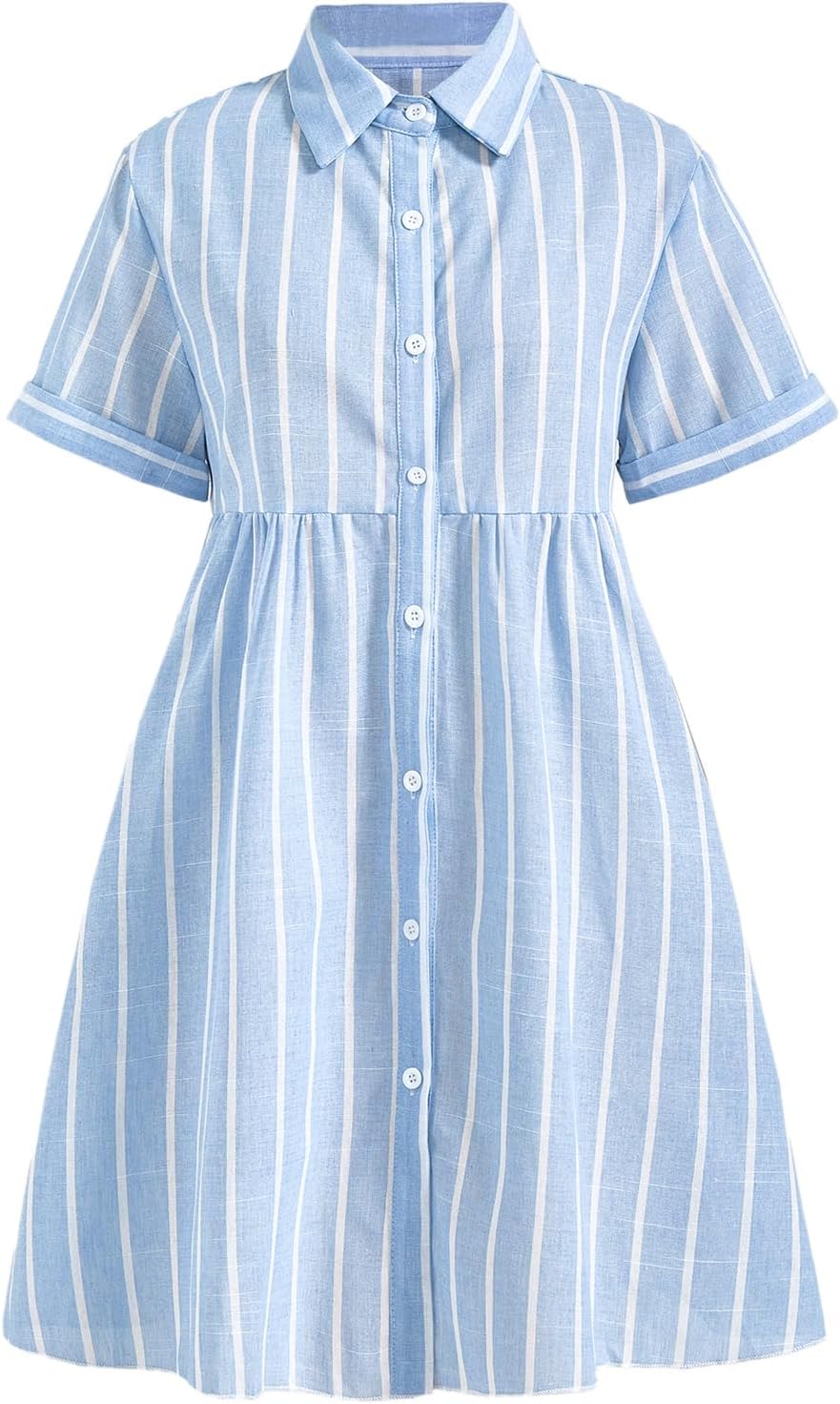 Women's Striped Button Down Shirt Dress Collared Short Sleeve Mini Work Office Dresses
