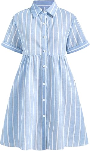 winkbay Women's Striped Button Down Short Sleeve Mini Shirt Dresses
