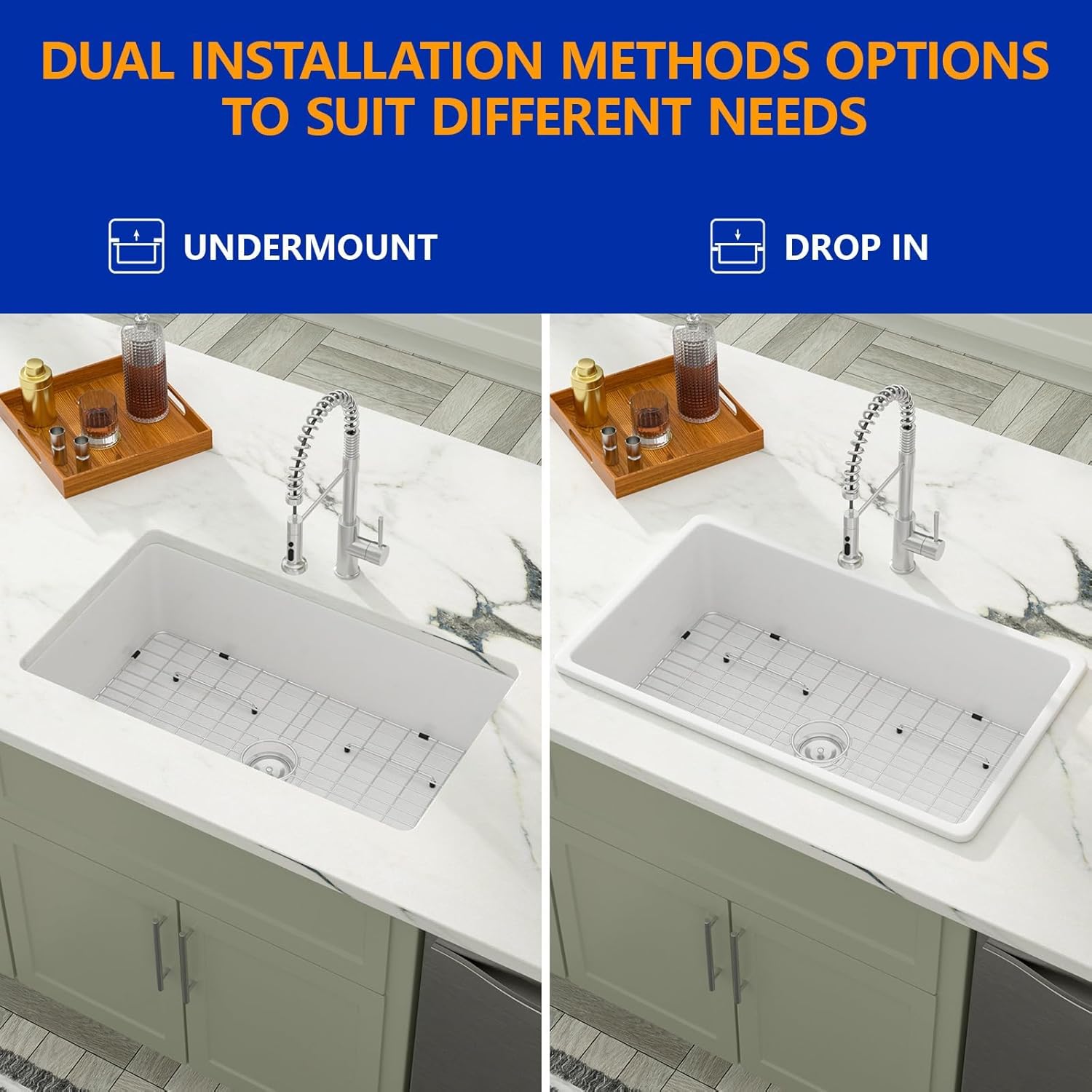 Dcolora 32" White Undermount/Drop In Kitchen Sink Fireclay Porcelain White Ceramic Dual Mount Single Bowl Sinks, Round Corner 32"x19"x10", DC-U7737