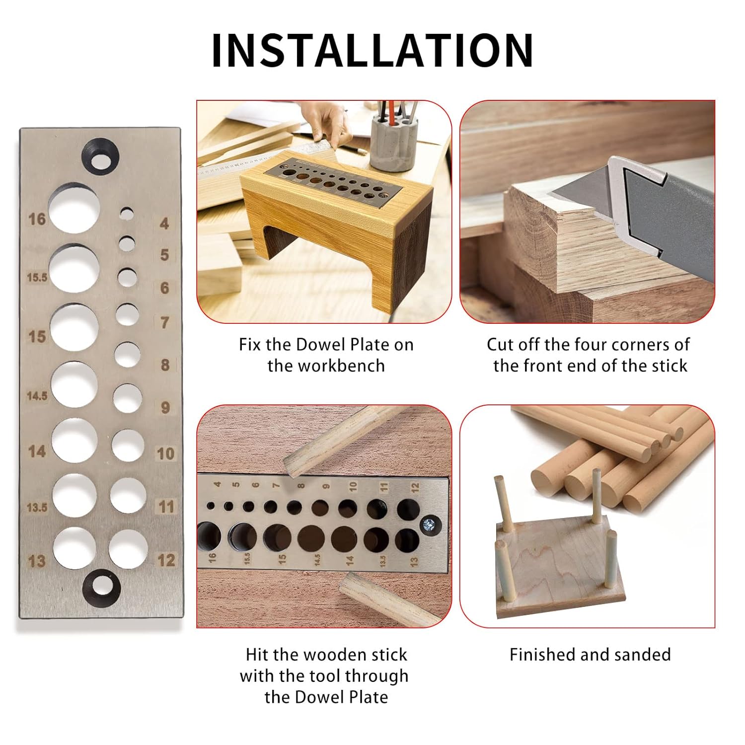 A2 Steel Dowel Plate, Wood Dowel Plate Maker,High Speed Steel Dowel Plate,Available for All Softwoods and Hardwoods (Metric 16 Holes)