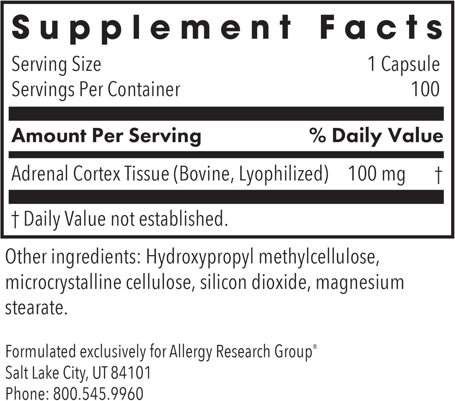 Allergy Research Group ARG Adrenal Cortex - Supports Healthy Stress Response & Metabolism - Delivers 100 mg Freeze-Dried Bovine Adrenal Cortex Tissue - 100 Capsules