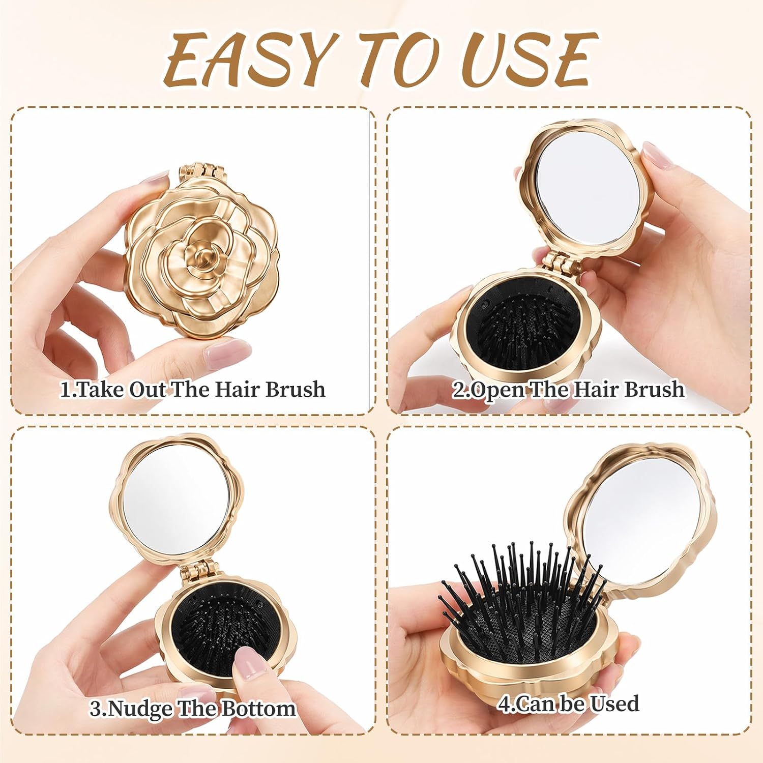12 Pcs Rose Compact Hair Brush with Mirror 2.95x2.68in Gold image 3