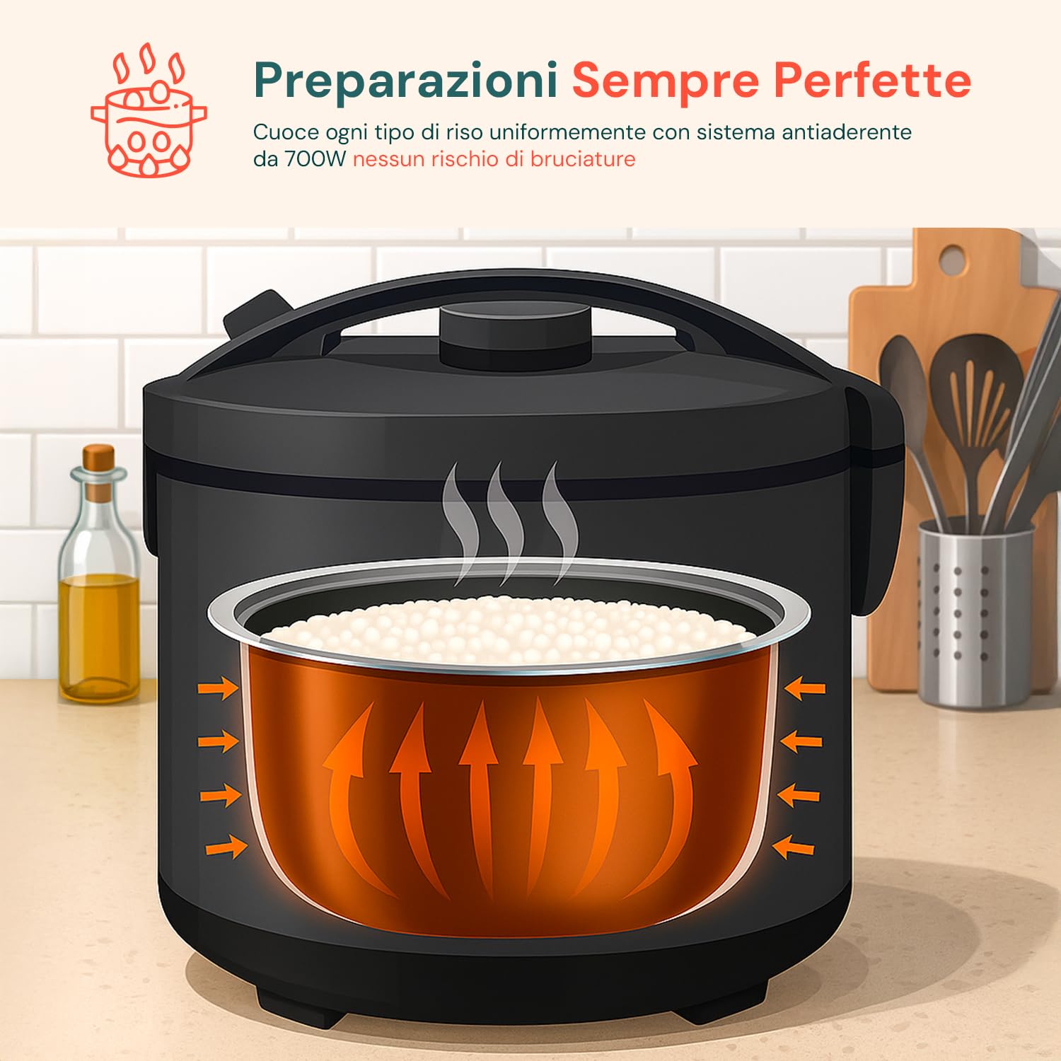 Wintem - Cuociriso Elettrico da 700W con Vaporiera Integrata e Pentola Antiaderente, Cucina Sana e Veloce, Mantiene il Calore Automaticamente, Ideale per Riso e Cottura al Vapore