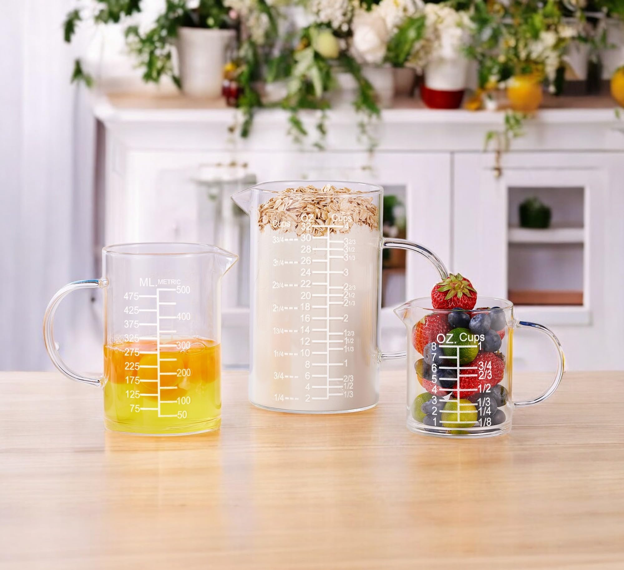Taza medidora de vidrio graduado grabado, mango aislado, boquilla en forma de V, taza medidora de vidrio de borosilicato alto para cocina o comedor, fácil de leer, 32 onzas, 4 tazas